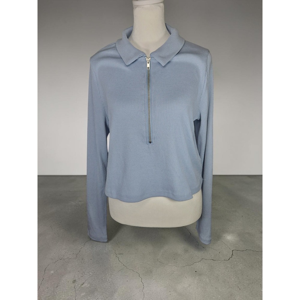 Cotton On Womens Light Blue Ribbed Half Zip Polo Collar Cropped Top Size 14